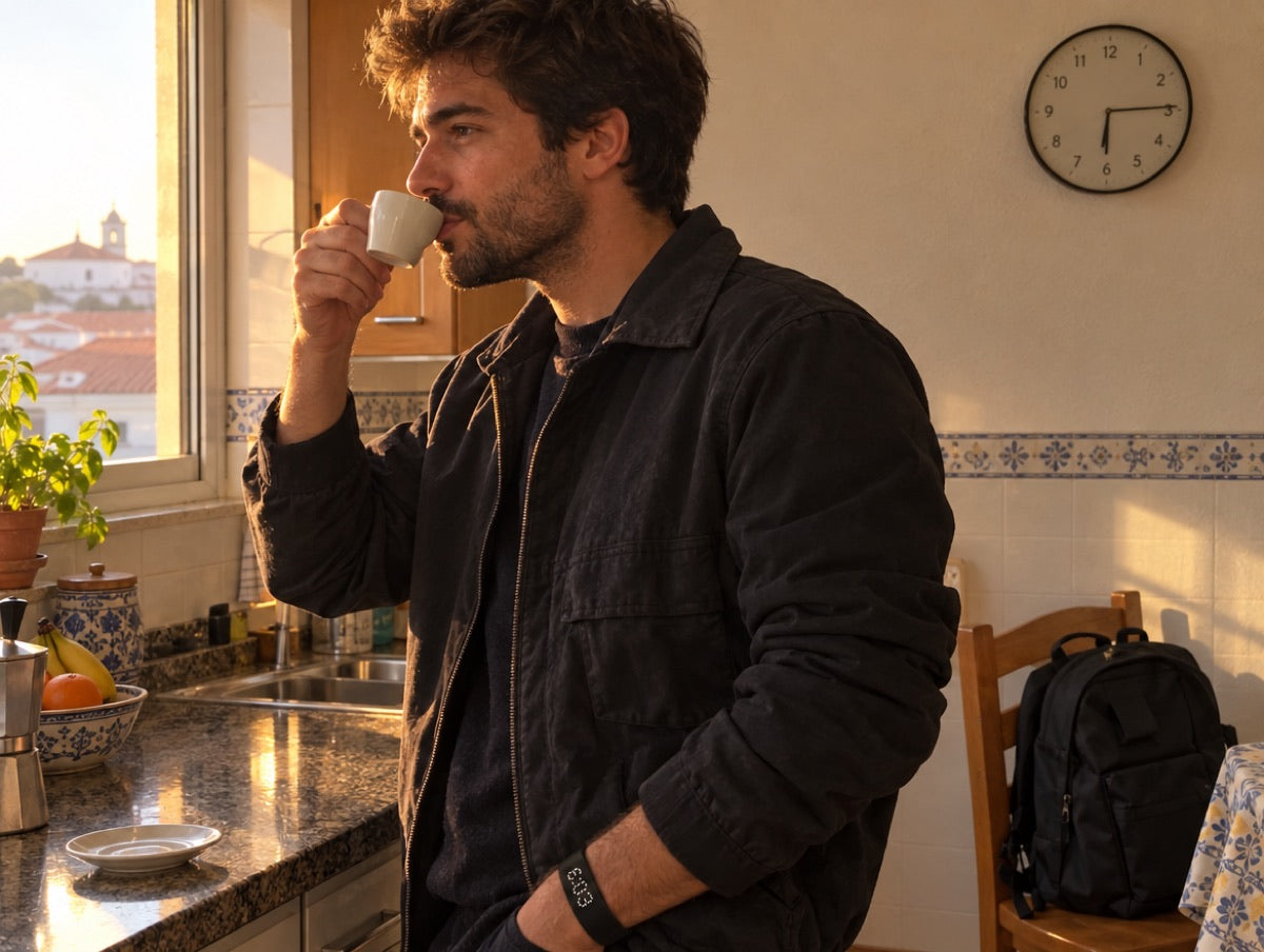 Ele na cozinha ao nascer do sol, a beber um café com calma, vestido para o trabalho.